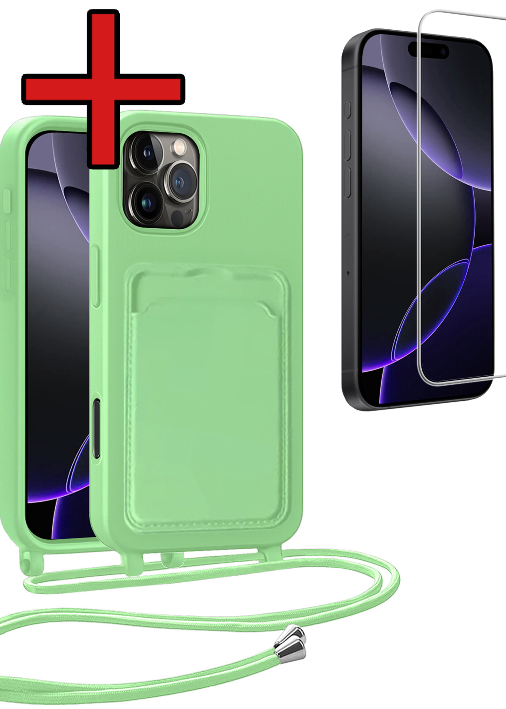 BTH BTH iPhone 16 Pro Hoesje Pashouder met Koord Met Screenprotector - Groen