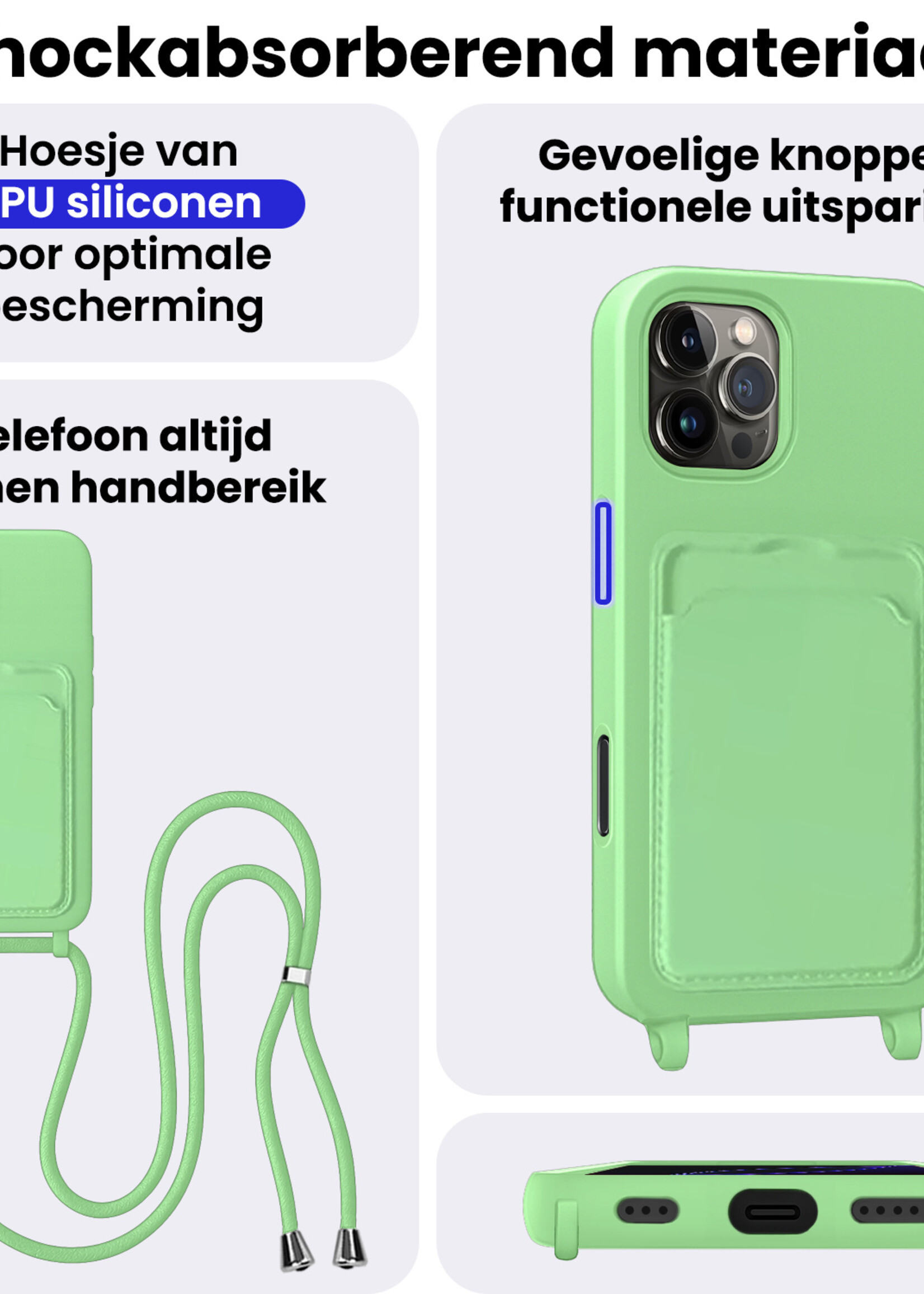 BTH BTH iPhone 16 Pro Hoesje Pashouder met Koord Met Screenprotector - Groen
