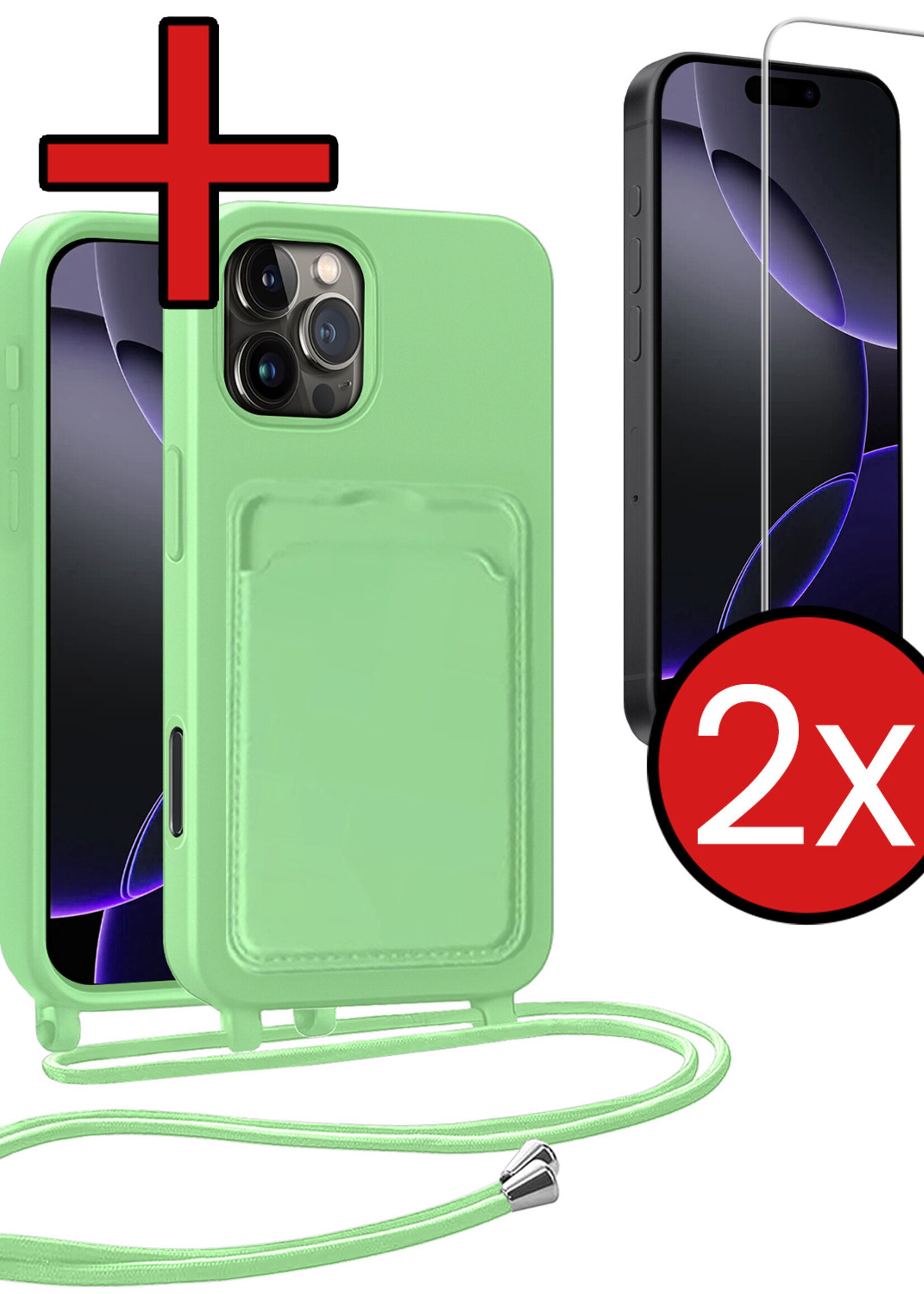 BTH BTH iPhone 16 Pro Hoesje Pashouder met Koord Met 2x Screenprotector - Groen