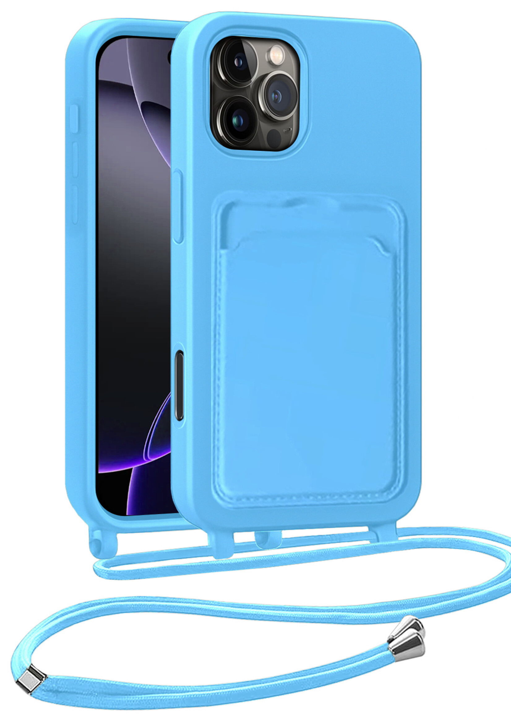 BTH BTH iPhone 16 Pro Hoesje Pashouder met Koord - Lichtblauw