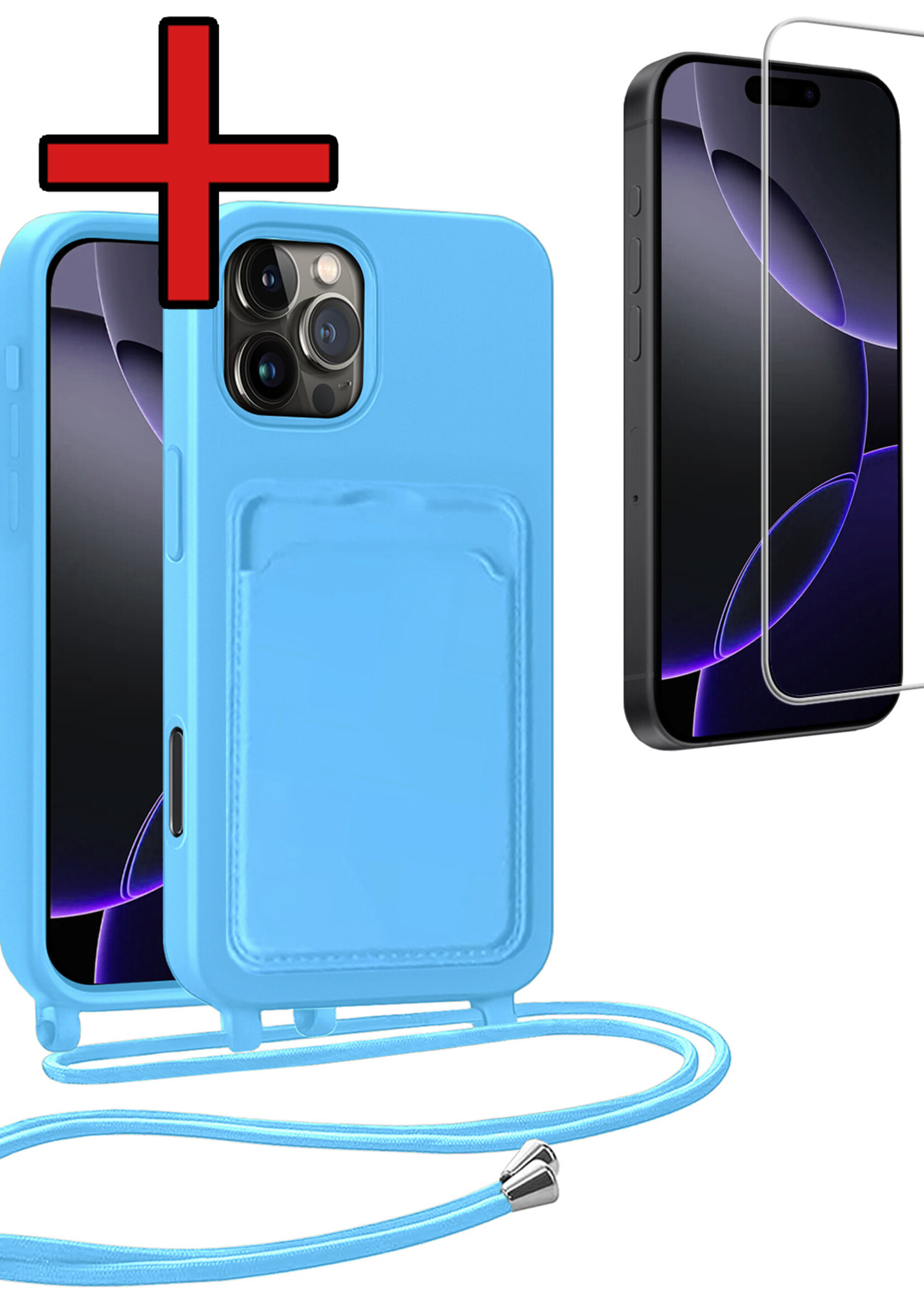 BTH BTH iPhone 16 Pro Hoesje Pashouder met Koord Met Screenprotector - Lichtblauw