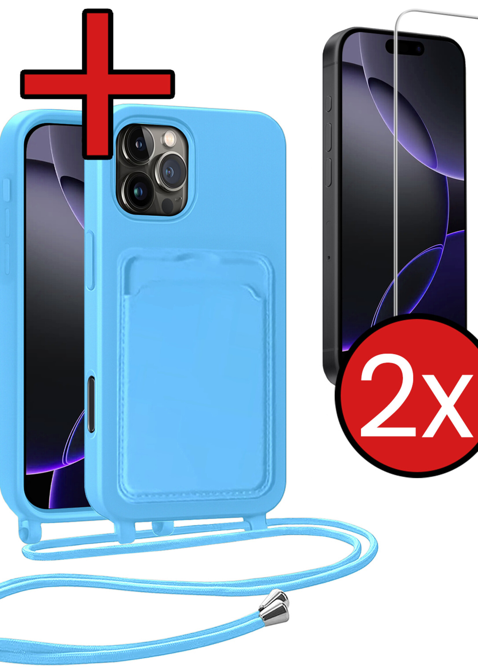 BTH BTH iPhone 16 Pro Hoesje Pashouder met Koord Met 2x Screenprotector - Lichtblauw