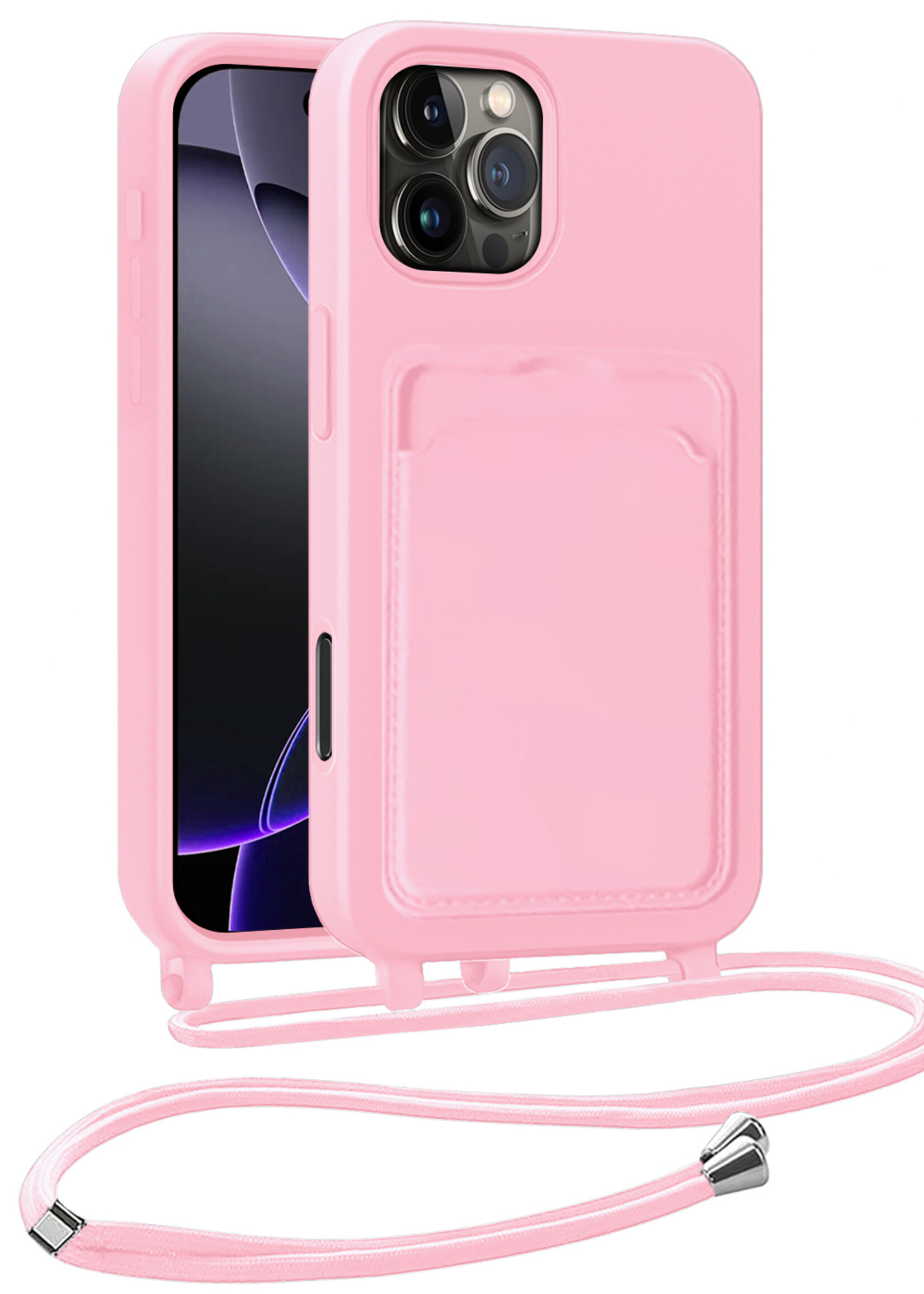 BTH BTH iPhone 16 Pro Hoesje Pashouder met Koord - Lichtroze