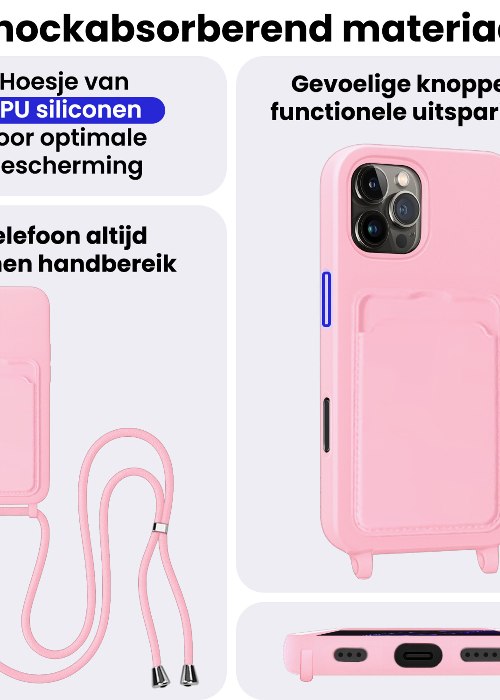 BTH BTH iPhone 16 Pro Hoesje Pashouder met Koord - Lichtroze