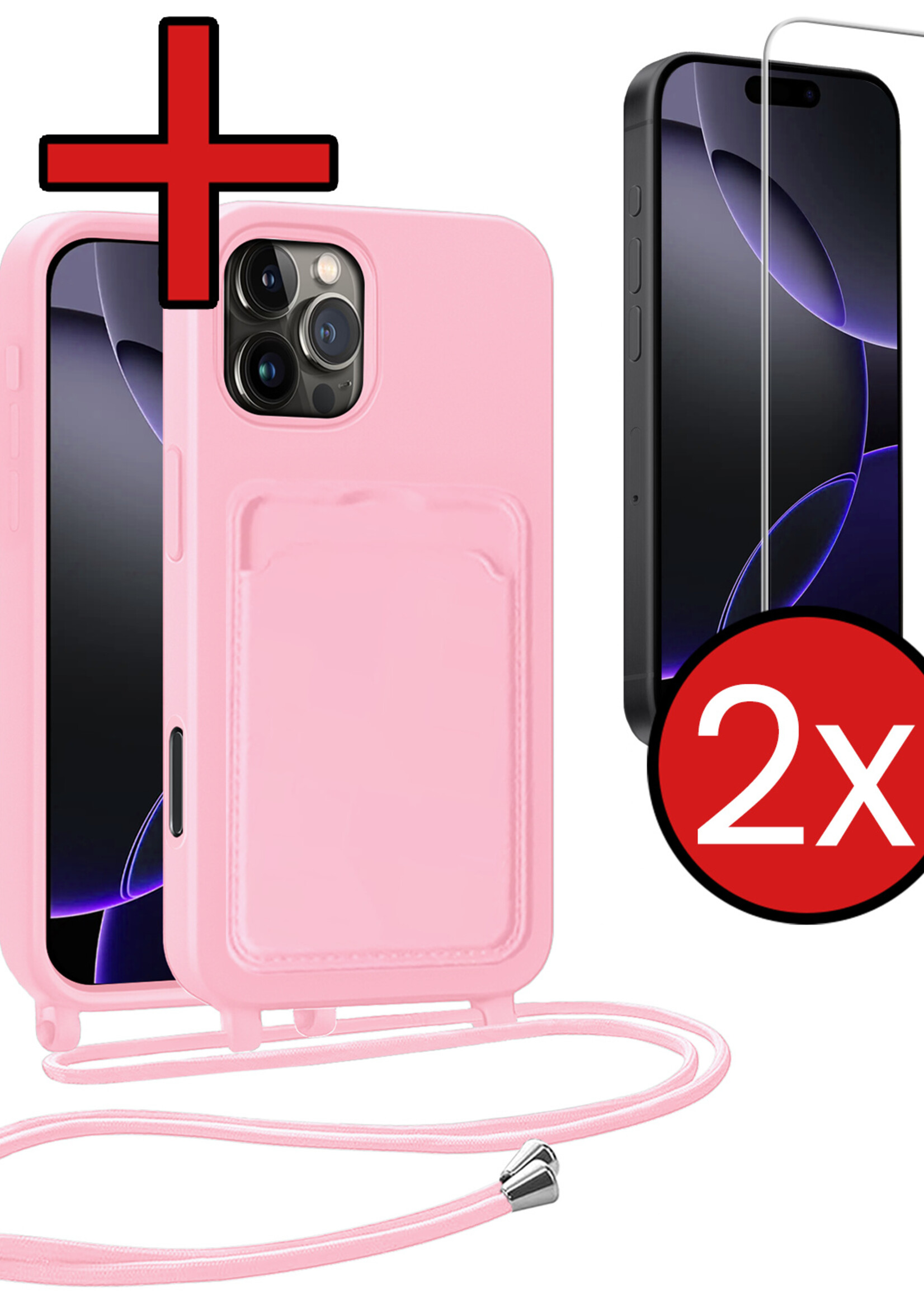 BTH BTH iPhone 16 Pro Hoesje Pashouder met Koord Met 2x Screenprotector - Lichtroze
