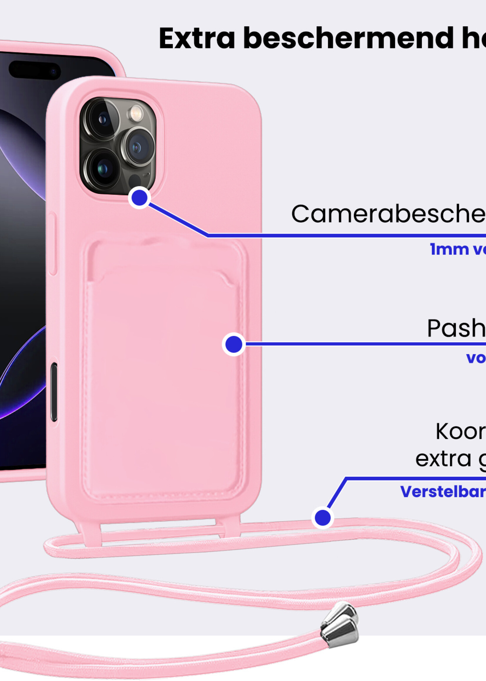 BTH BTH iPhone 16 Pro Hoesje Pashouder met Koord Met 2x Screenprotector - Lichtroze