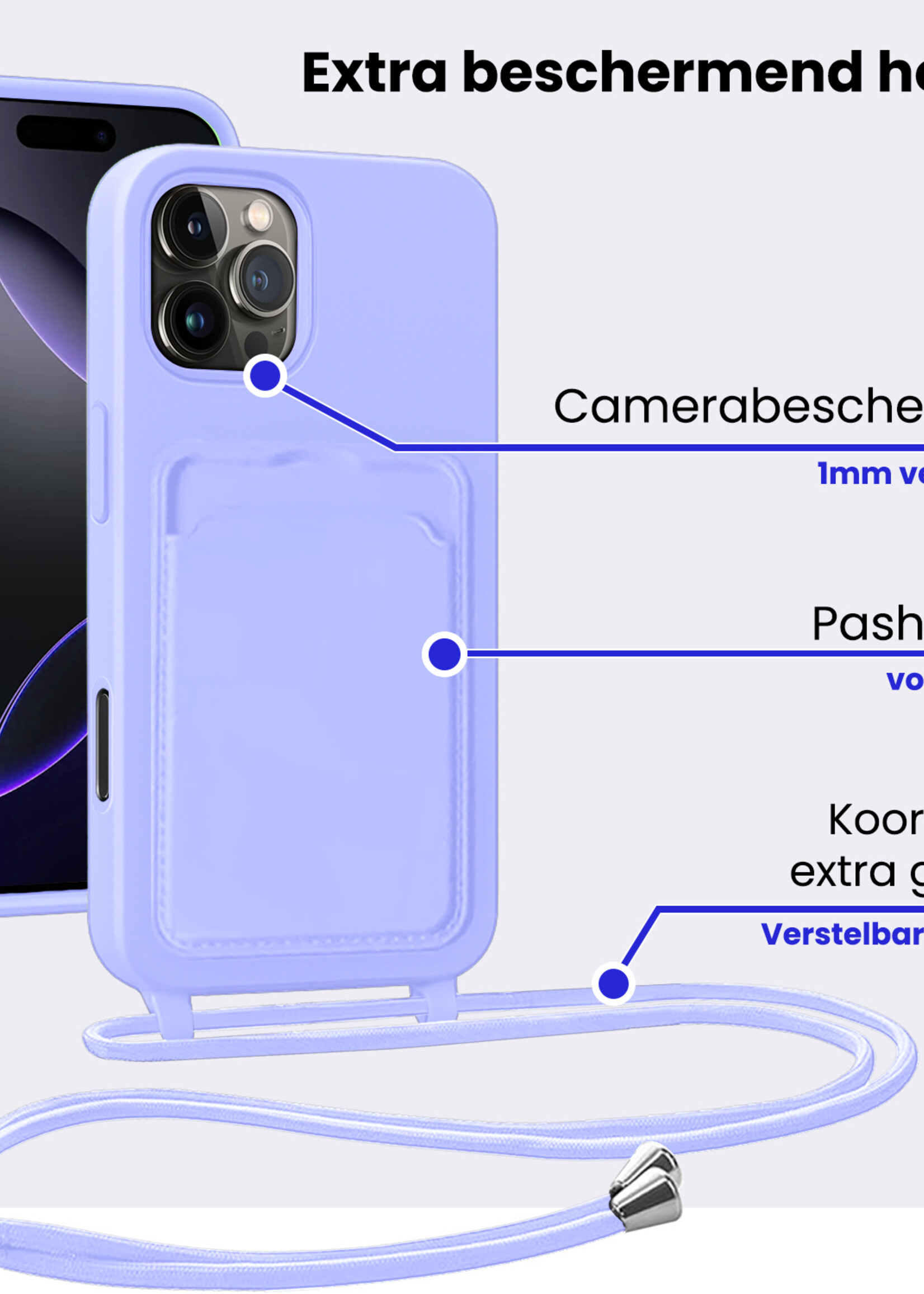 BTH BTH iPhone 16 Pro Hoesje Pashouder met Koord - Lila