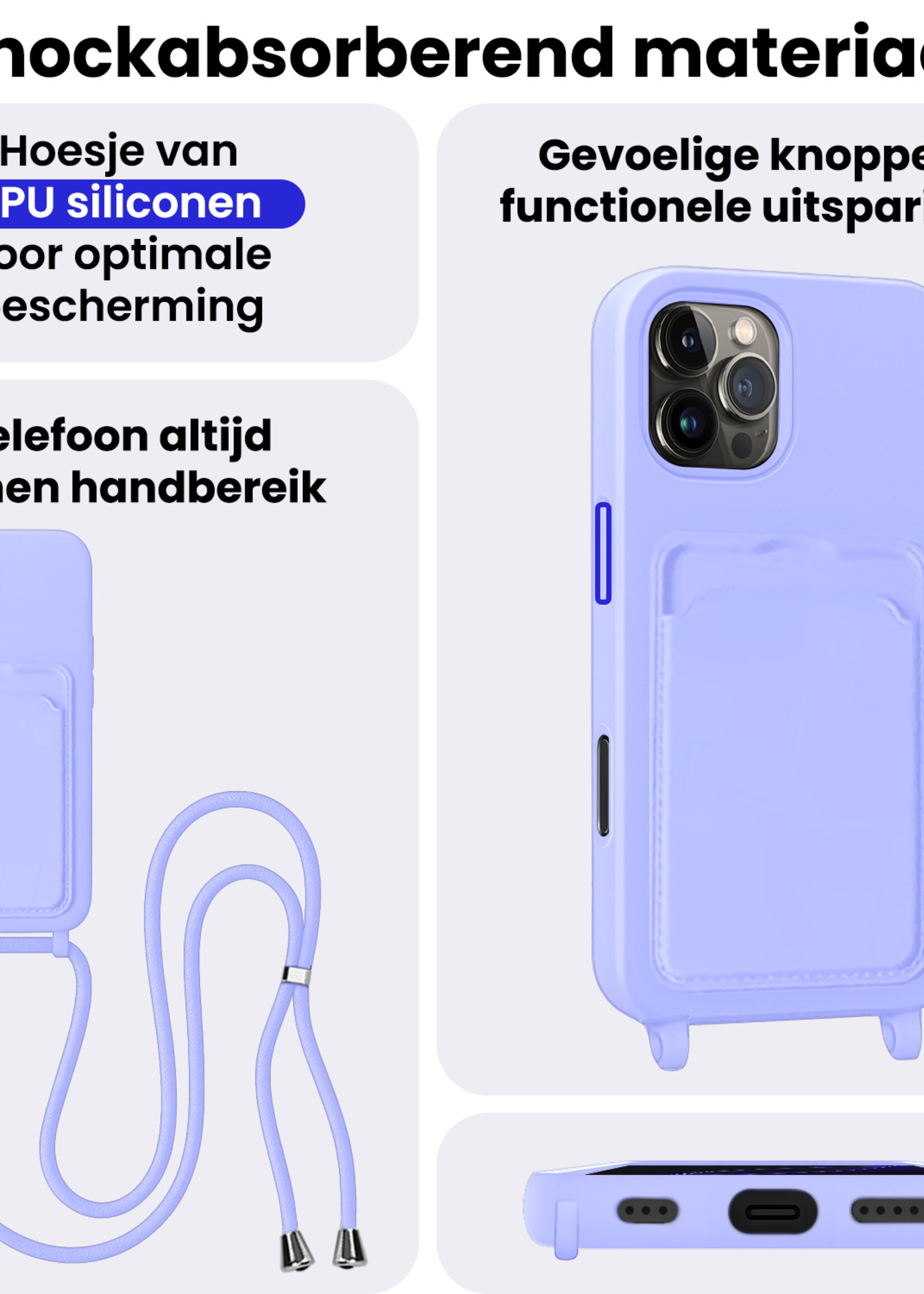 BTH BTH iPhone 16 Pro Hoesje Pashouder met Koord - Lila