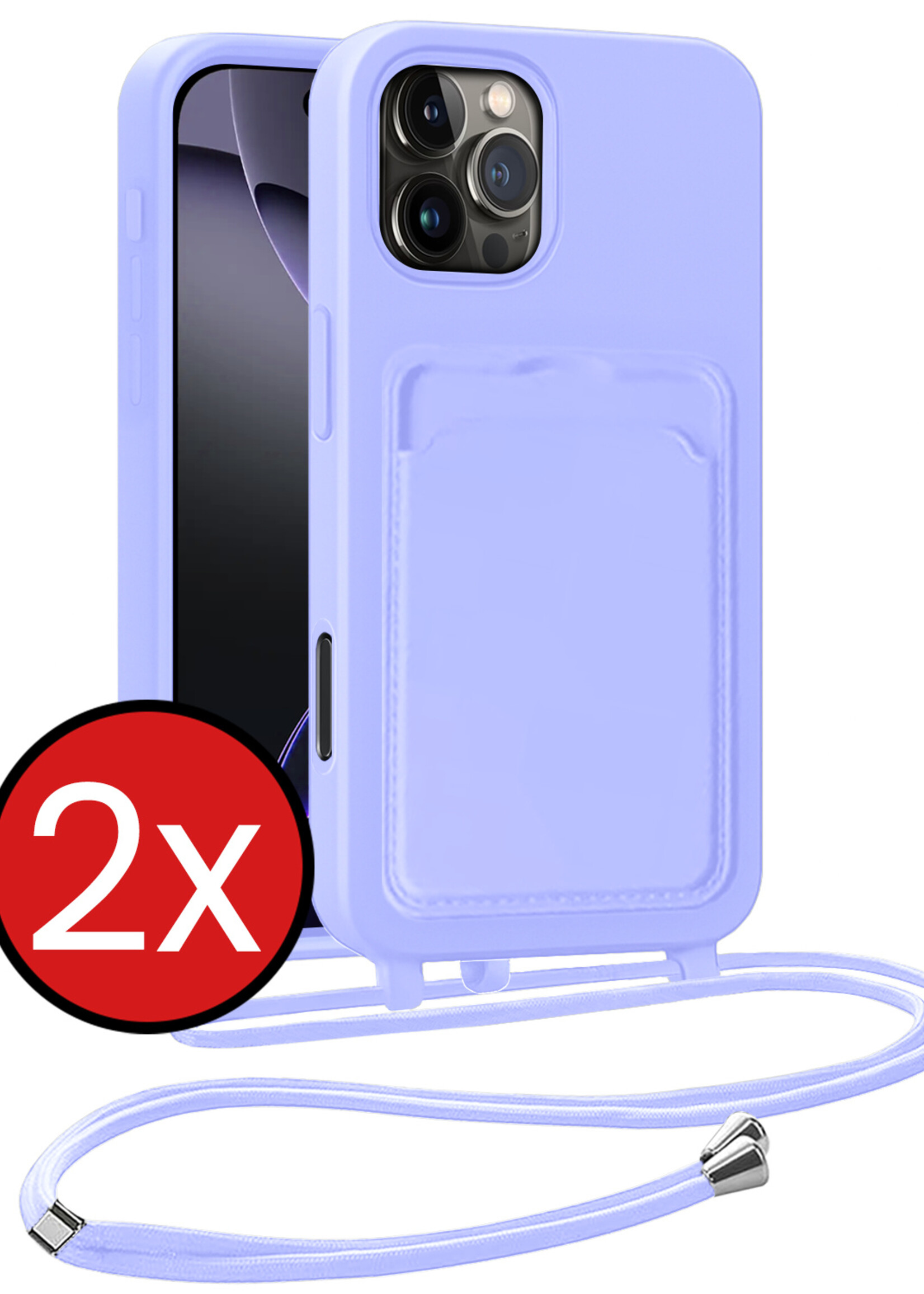 BTH BTH iPhone 16 Pro Hoesje Pashouder met Koord - Lila - 2 PACK