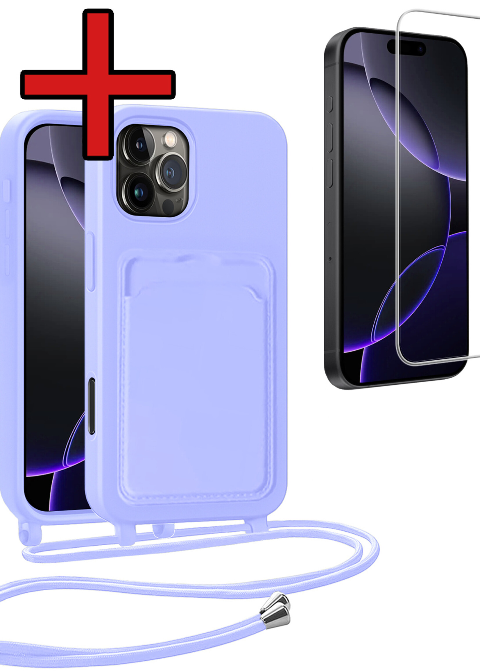 BTH BTH iPhone 16 Pro Hoesje Pashouder met Koord Met Screenprotector - Lila