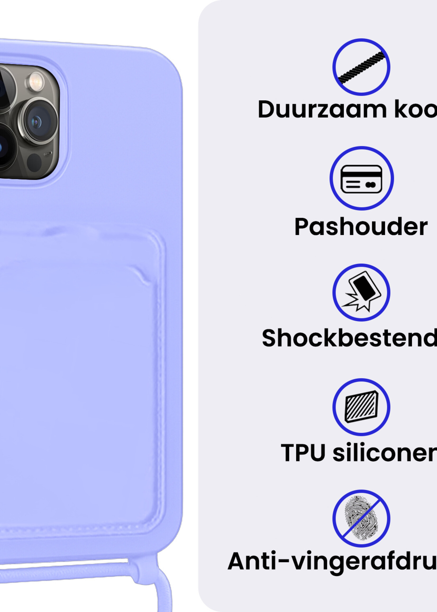 BTH BTH iPhone 16 Pro Hoesje Pashouder met Koord Met Screenprotector - Lila