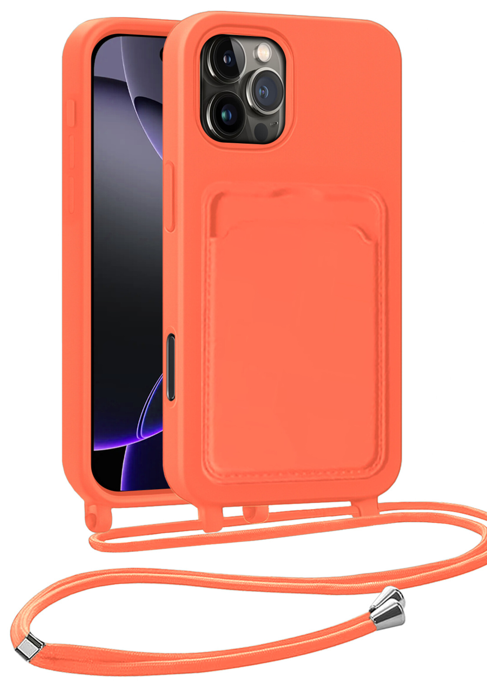 BTH BTH iPhone 16 Pro Hoesje Pashouder met Koord - Papaya