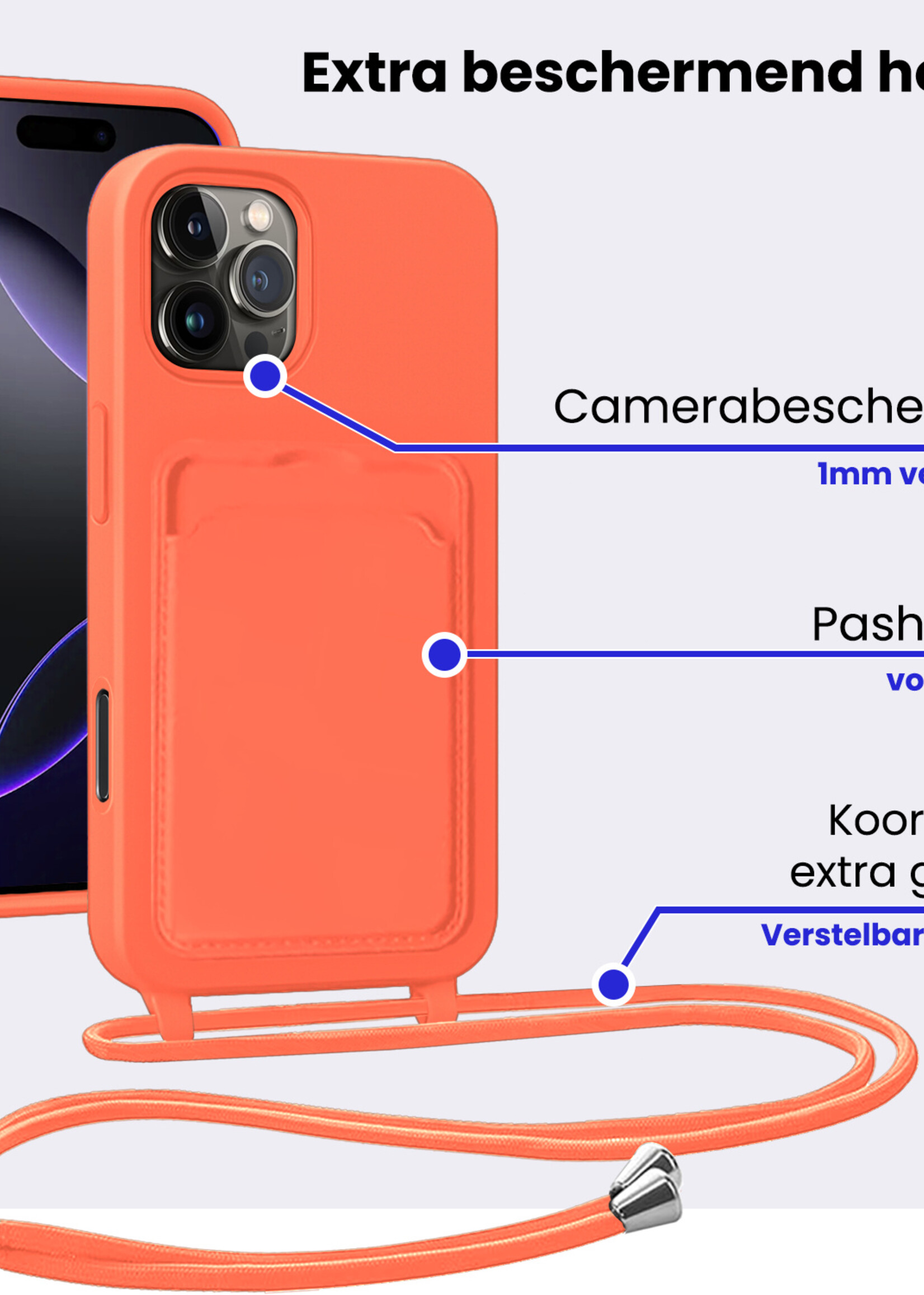BTH BTH iPhone 16 Pro Hoesje Pashouder met Koord - Papaya - 2 PACK
