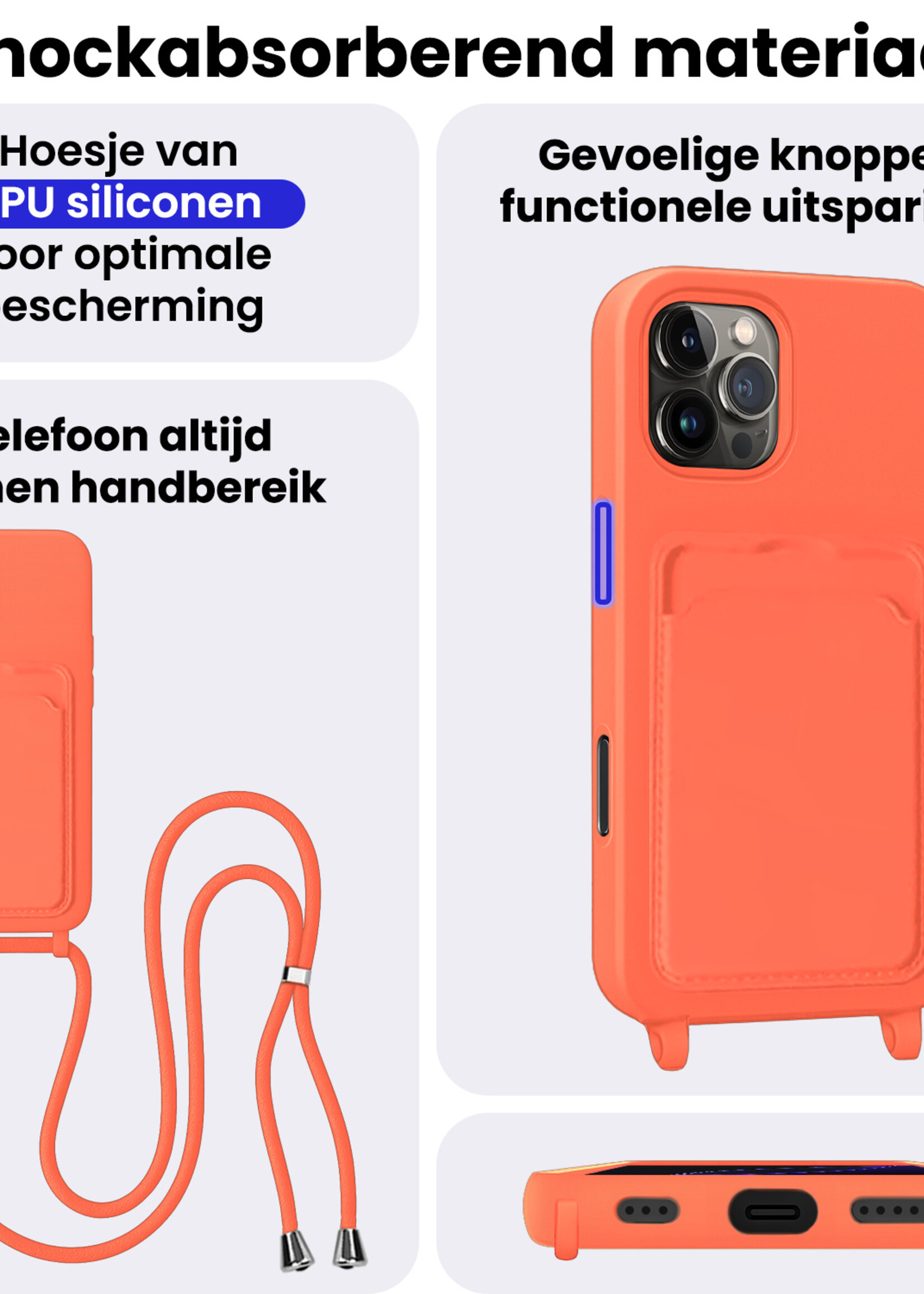 BTH BTH iPhone 16 Pro Hoesje Pashouder met Koord - Papaya - 2 PACK