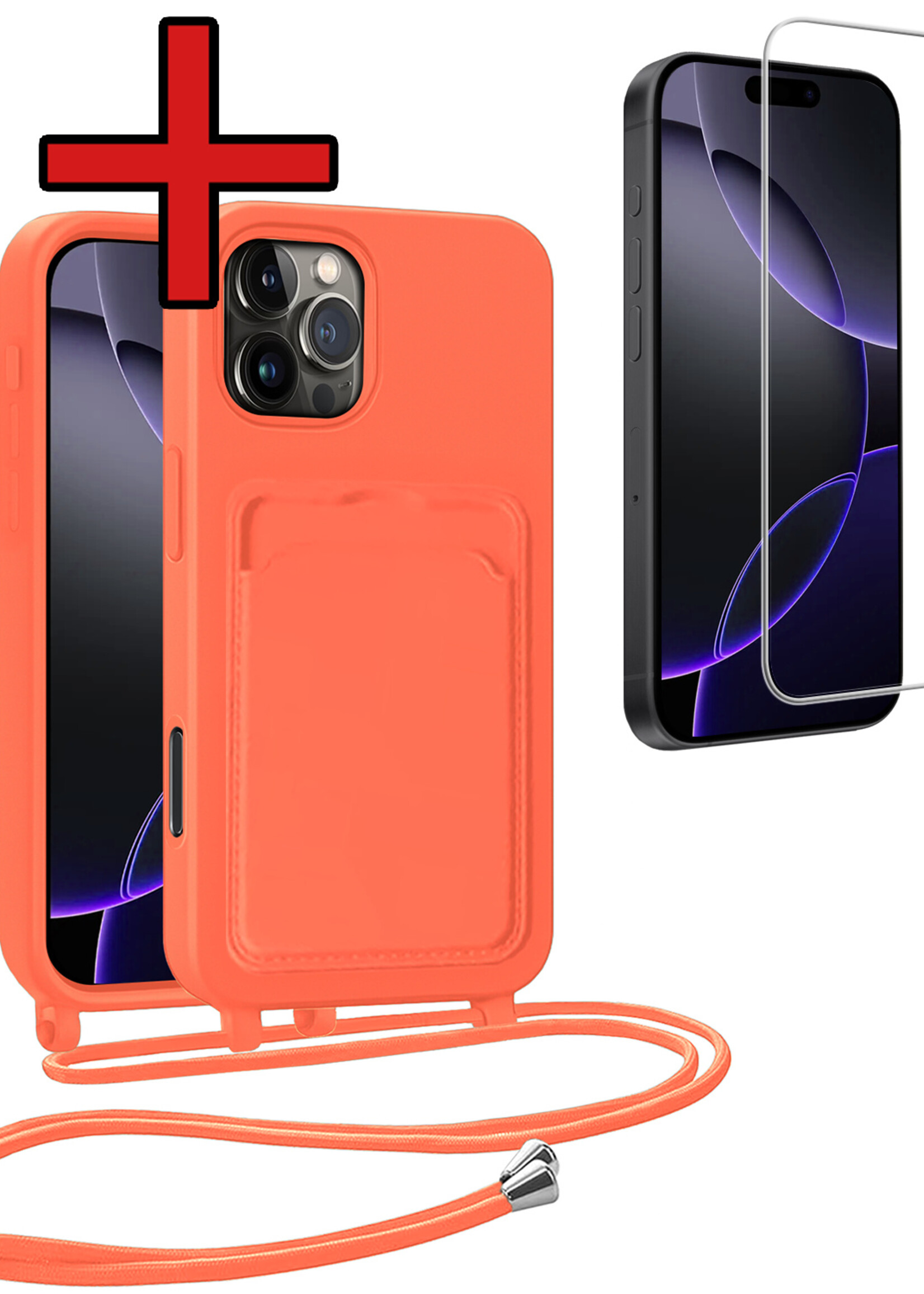 BTH BTH iPhone 16 Pro Hoesje Pashouder met Koord Met Screenprotector - Papaya