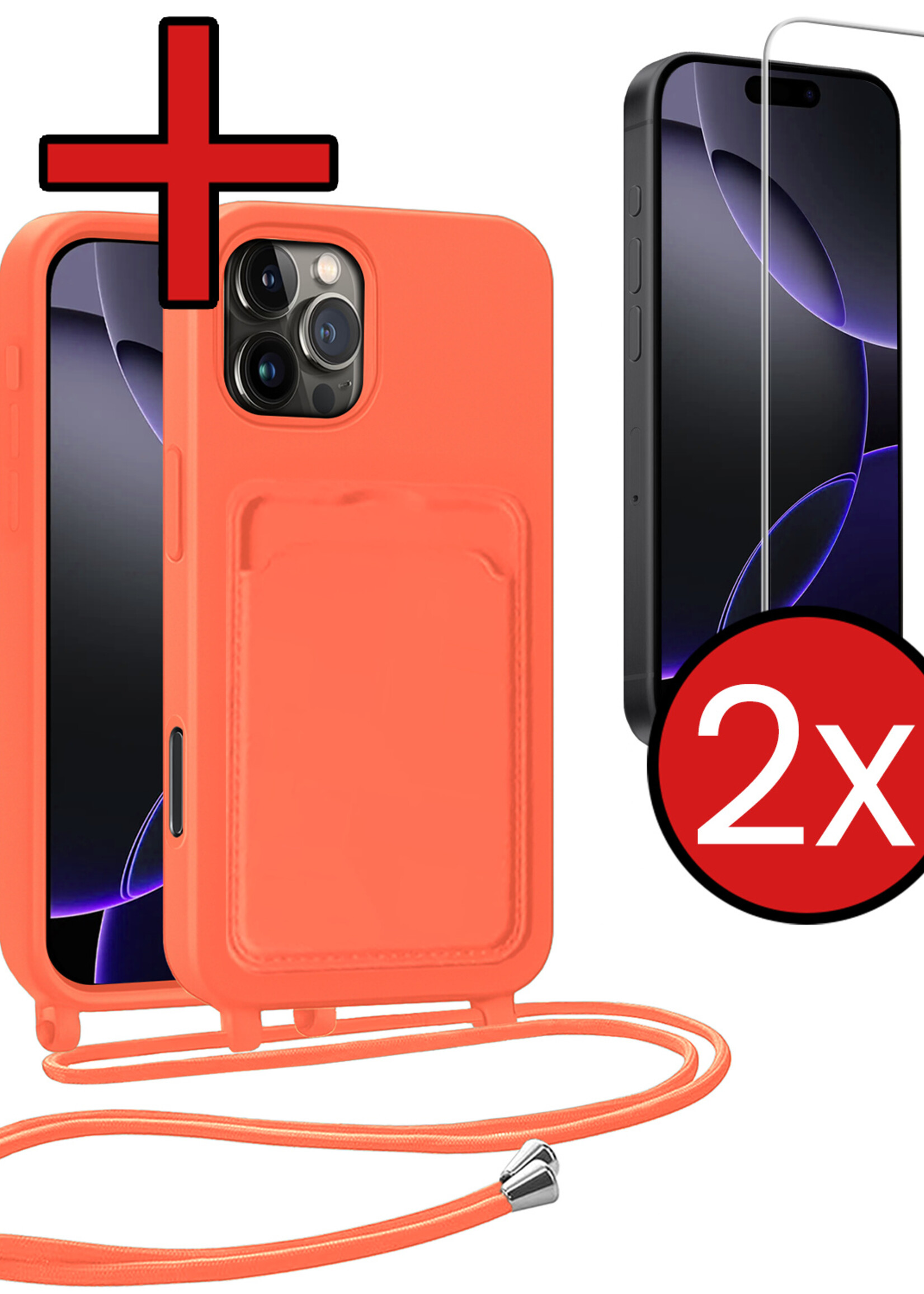 BTH BTH iPhone 16 Pro Hoesje Pashouder met Koord Met 2x Screenprotector - Papaya