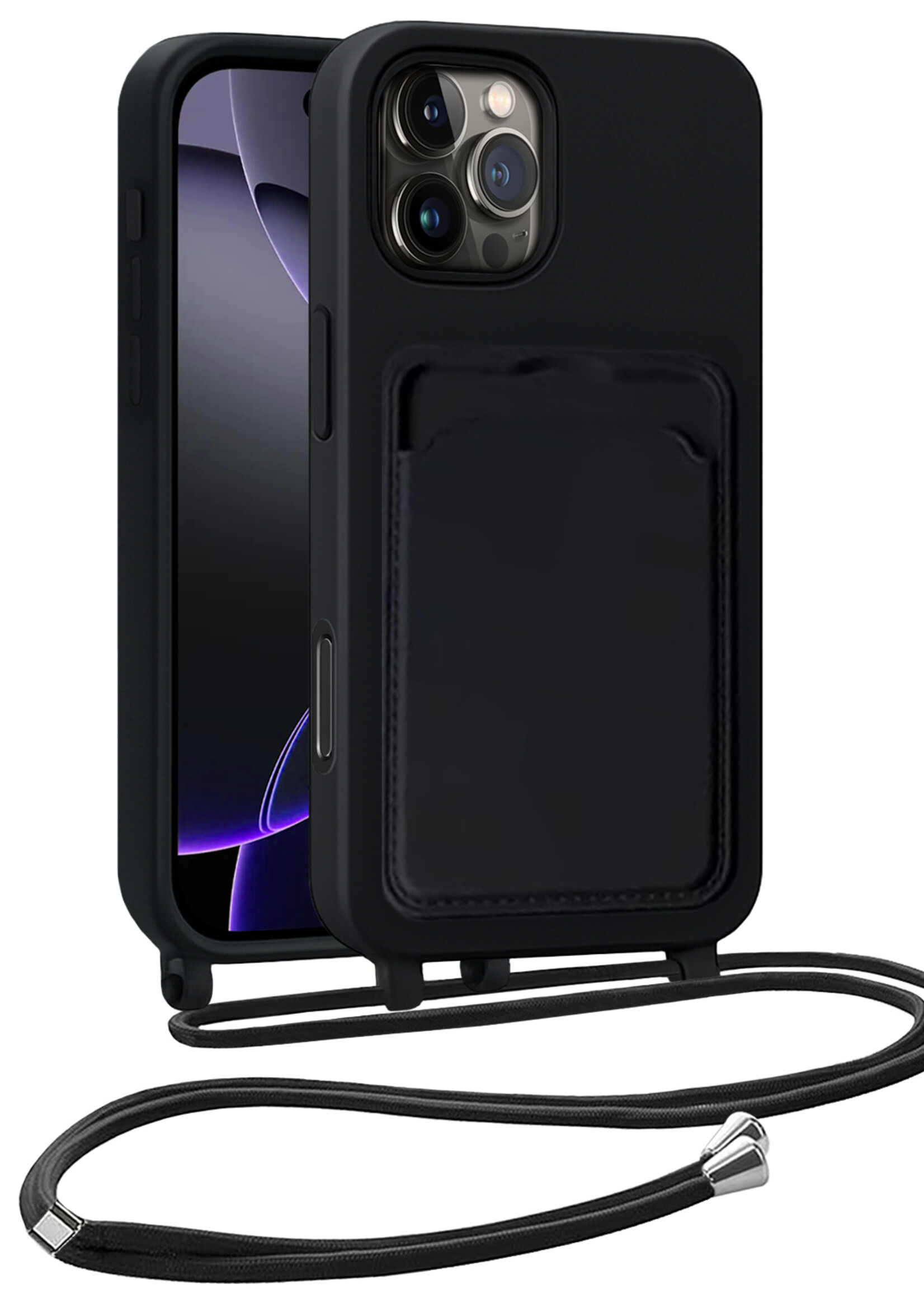 BTH BTH iPhone 16 Pro Hoesje Pashouder met Koord - Zwart