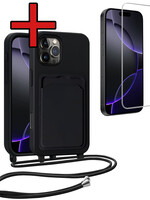BTH BTH iPhone 16 Pro Hoesje Pashouder met Koord Met Screenprotector - Zwart