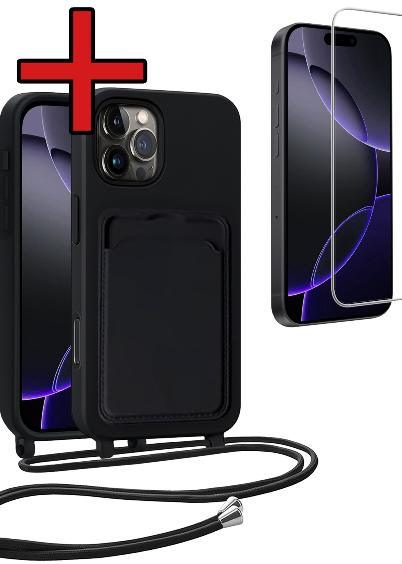BTH BTH iPhone 16 Pro Hoesje Pashouder met Koord Met Screenprotector - Zwart