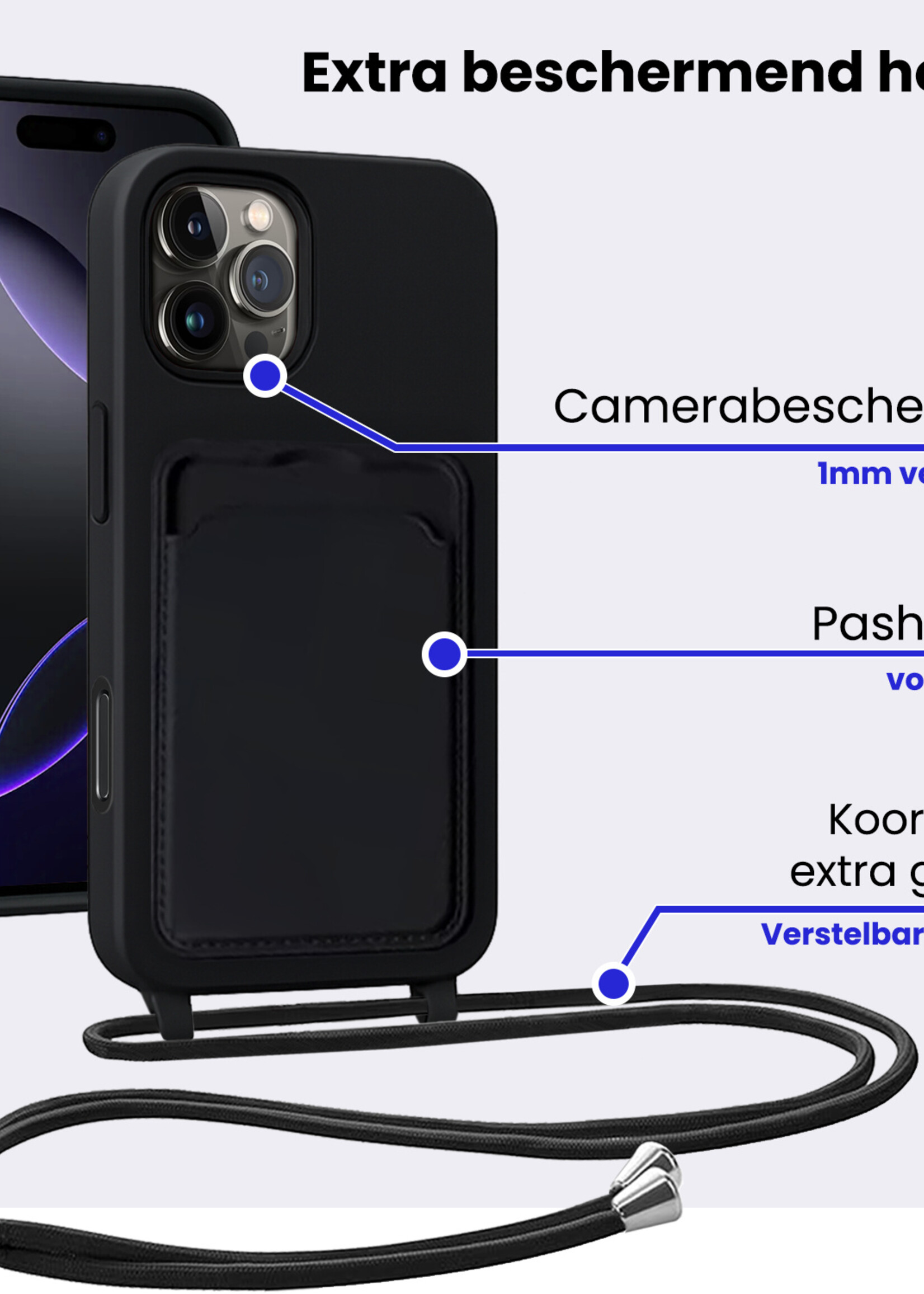 BTH BTH iPhone 16 Pro Hoesje Pashouder met Koord Met Screenprotector - Zwart