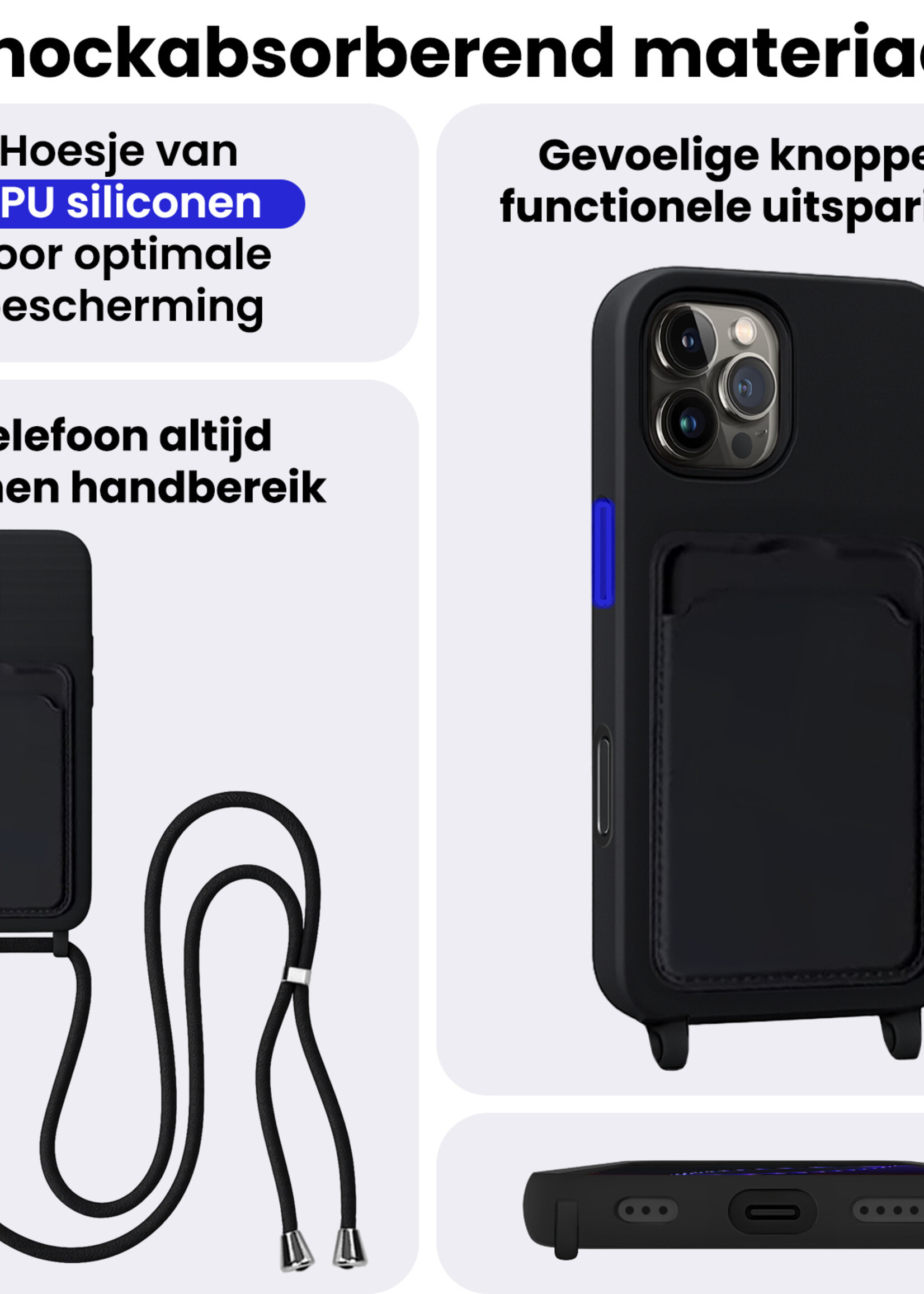 BTH BTH iPhone 16 Pro Hoesje Pashouder met Koord Met Screenprotector - Zwart