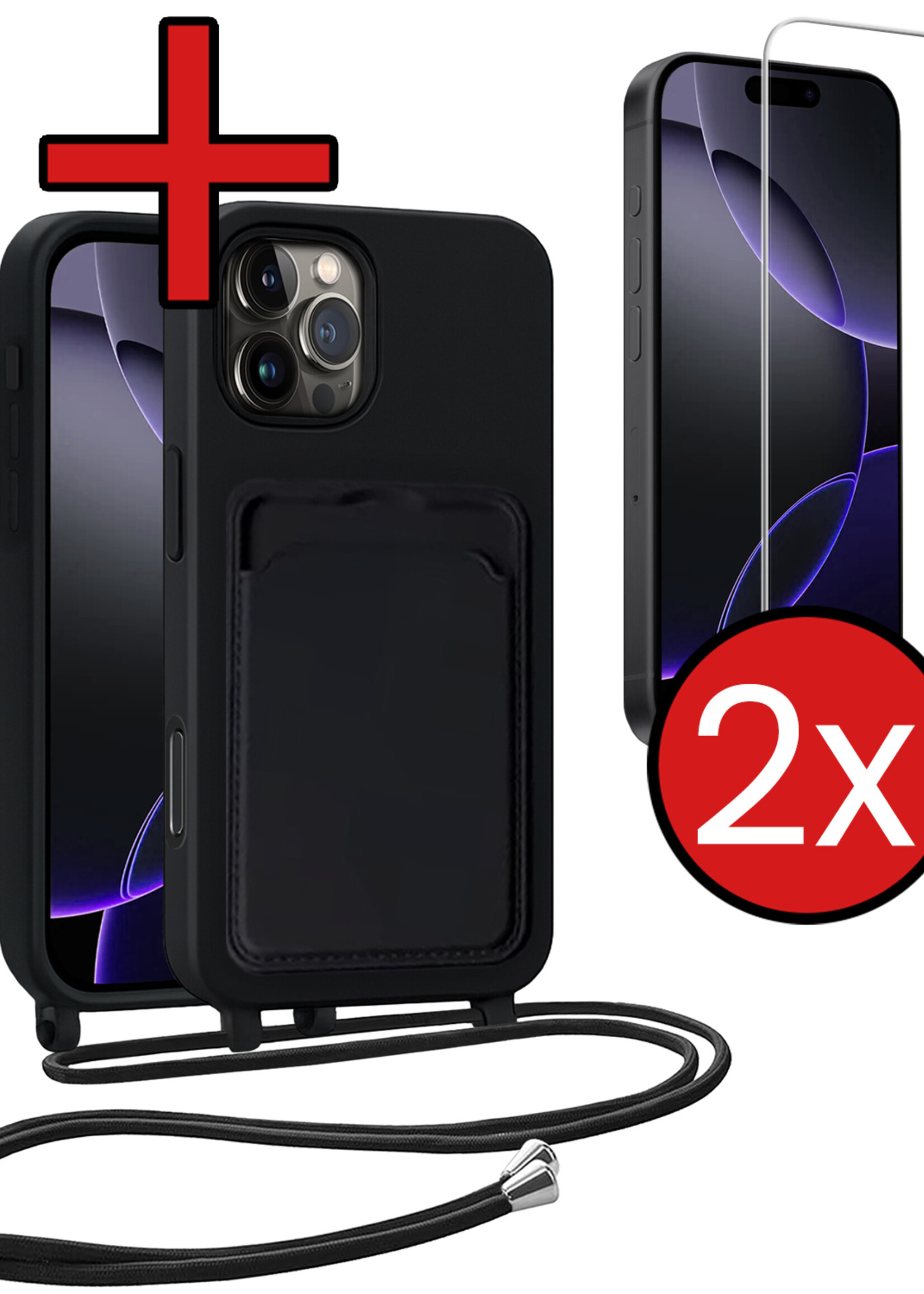 BTH BTH iPhone 16 Pro Hoesje Pashouder met Koord Met 2x Screenprotector - Zwart
