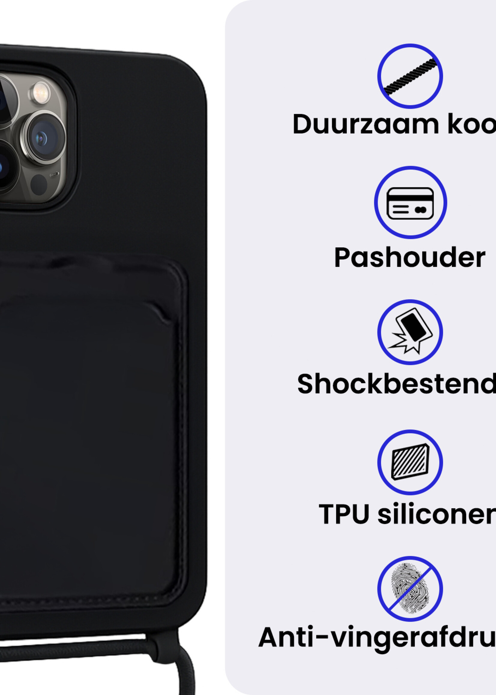 BTH BTH iPhone 16 Pro Hoesje Pashouder met Koord Met 2x Screenprotector - Zwart
