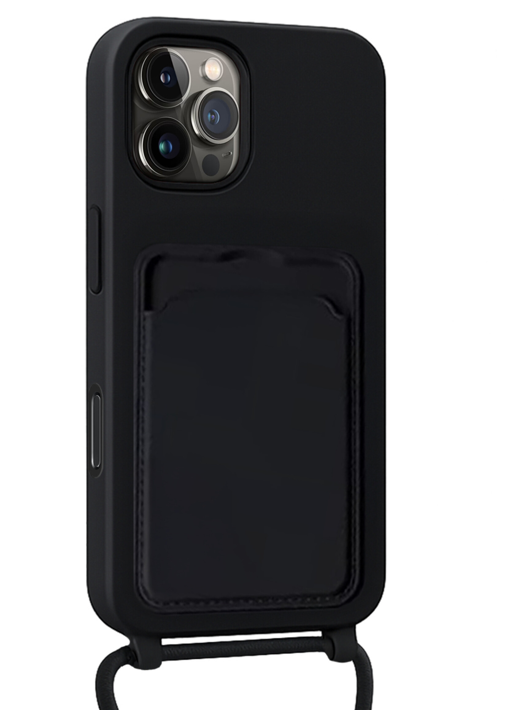 BTH BTH iPhone 16 Pro Hoesje Pashouder met Koord Met 2x Screenprotector - Zwart