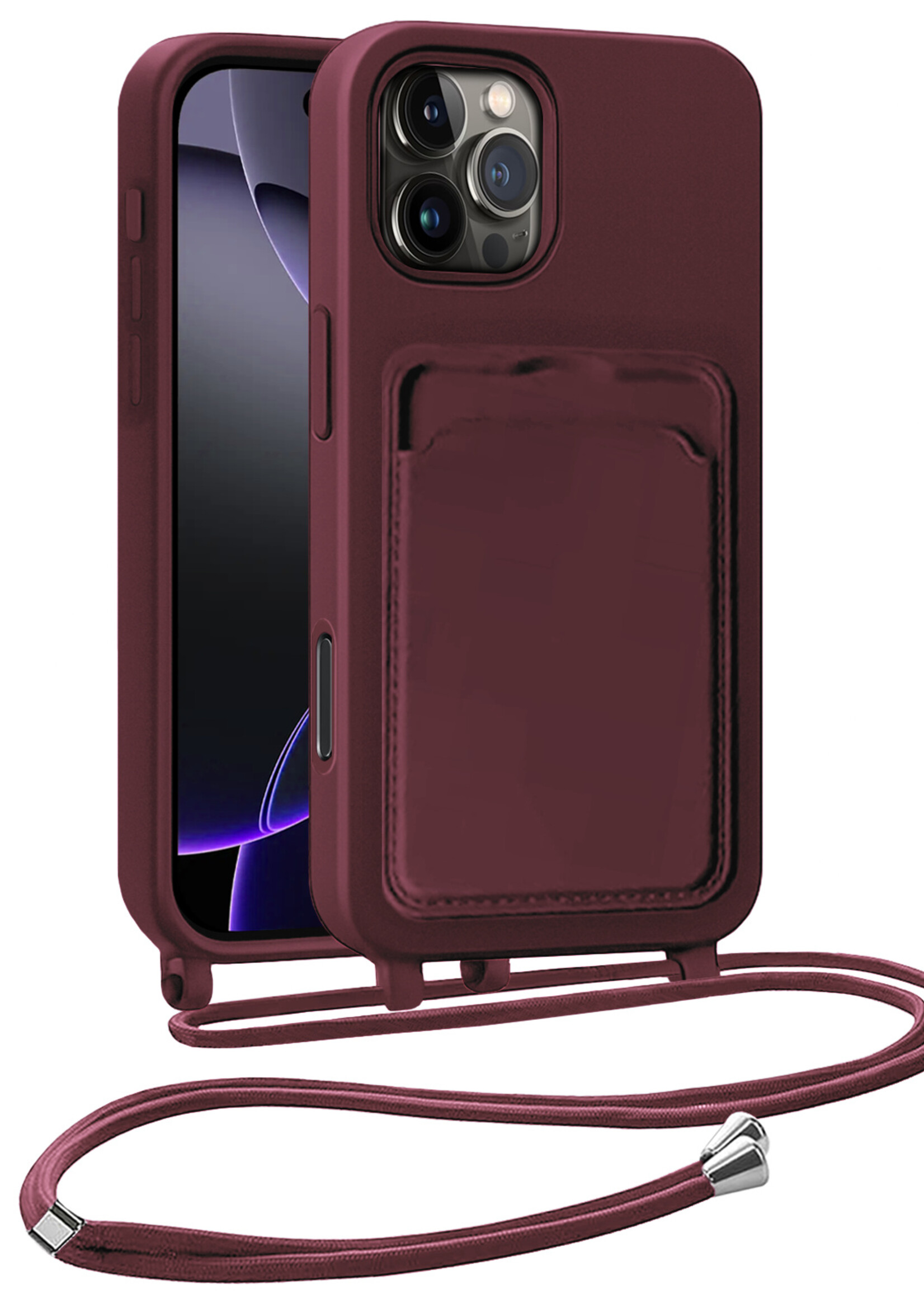 BTH BTH iPhone 16 Pro Max Hoesje Pashouder met Koord - Aubergine
