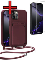 BTH BTH iPhone 16 Pro Max Hoesje Pashouder met Koord Met Screenprotector - Aubergine