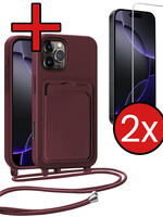 BTH BTH iPhone 16 Pro Max Hoesje Pashouder met Koord Met 2x Screenprotector - Aubergine