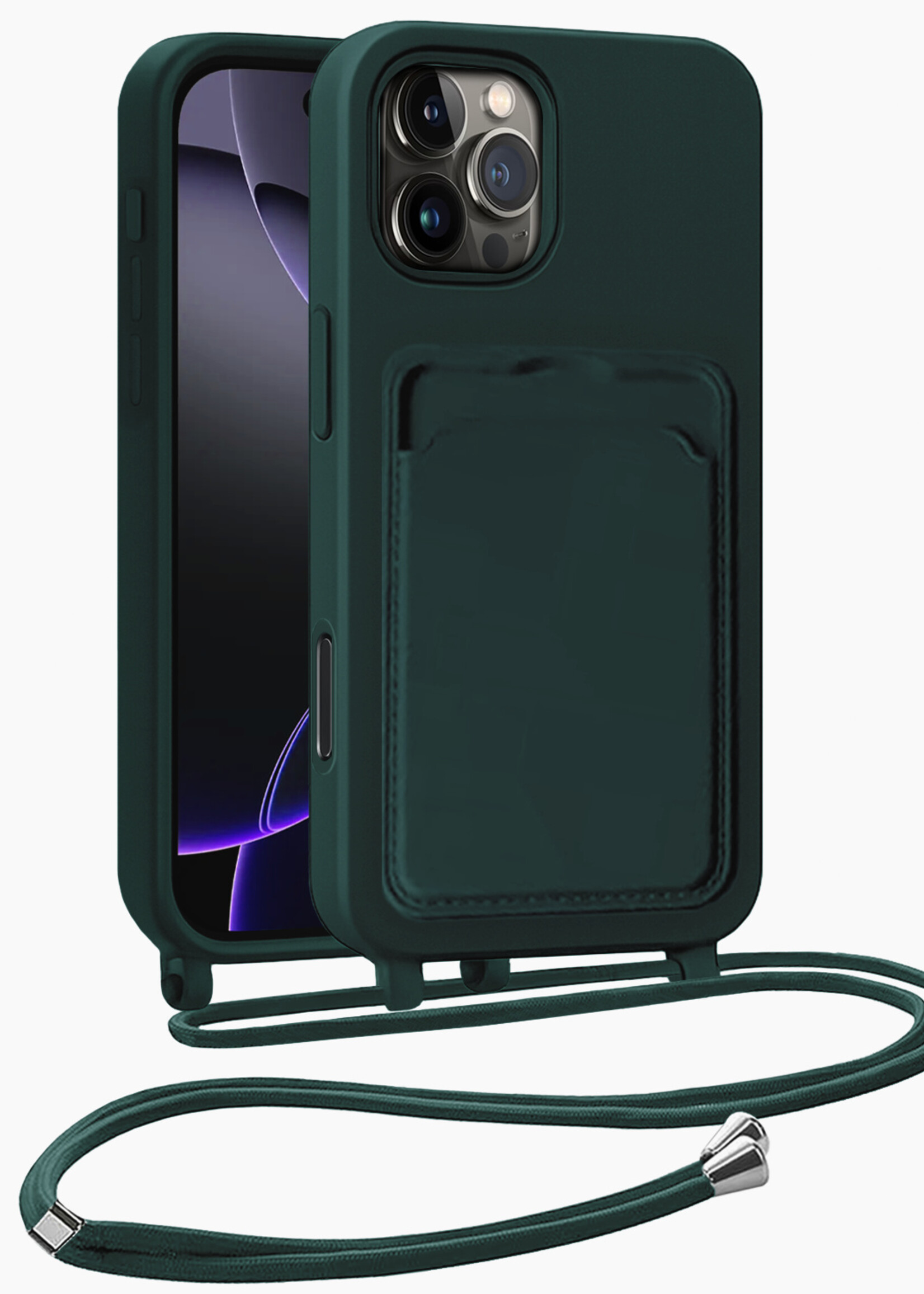 BTH BTH iPhone 16 Pro Max Hoesje Pashouder met Koord - Donkergroen