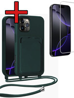 BTH BTH iPhone 16 Pro Max Hoesje Pashouder met Koord Met Screenprotector - Donkergroen