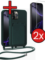 BTH BTH iPhone 16 Pro Max Hoesje Pashouder met Koord Met 2x Screenprotector - Donkergroen