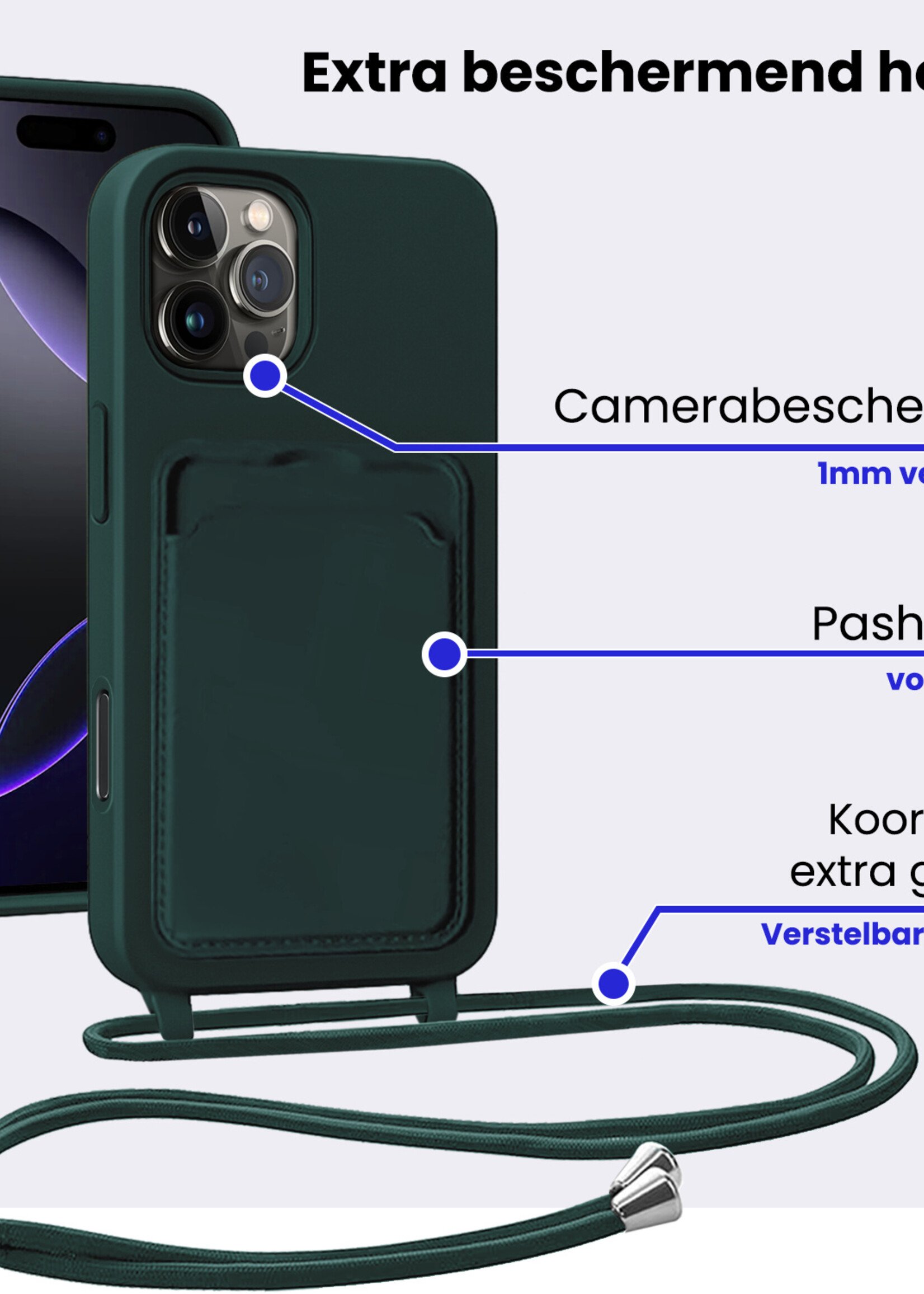 BTH BTH iPhone 16 Pro Max Hoesje Pashouder met Koord Met 2x Screenprotector - Donkergroen