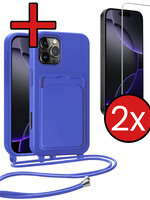 BTH BTH iPhone 16 Pro Max Hoesje Pashouder met Koord Met 2x Screenprotector - Fel Blauw