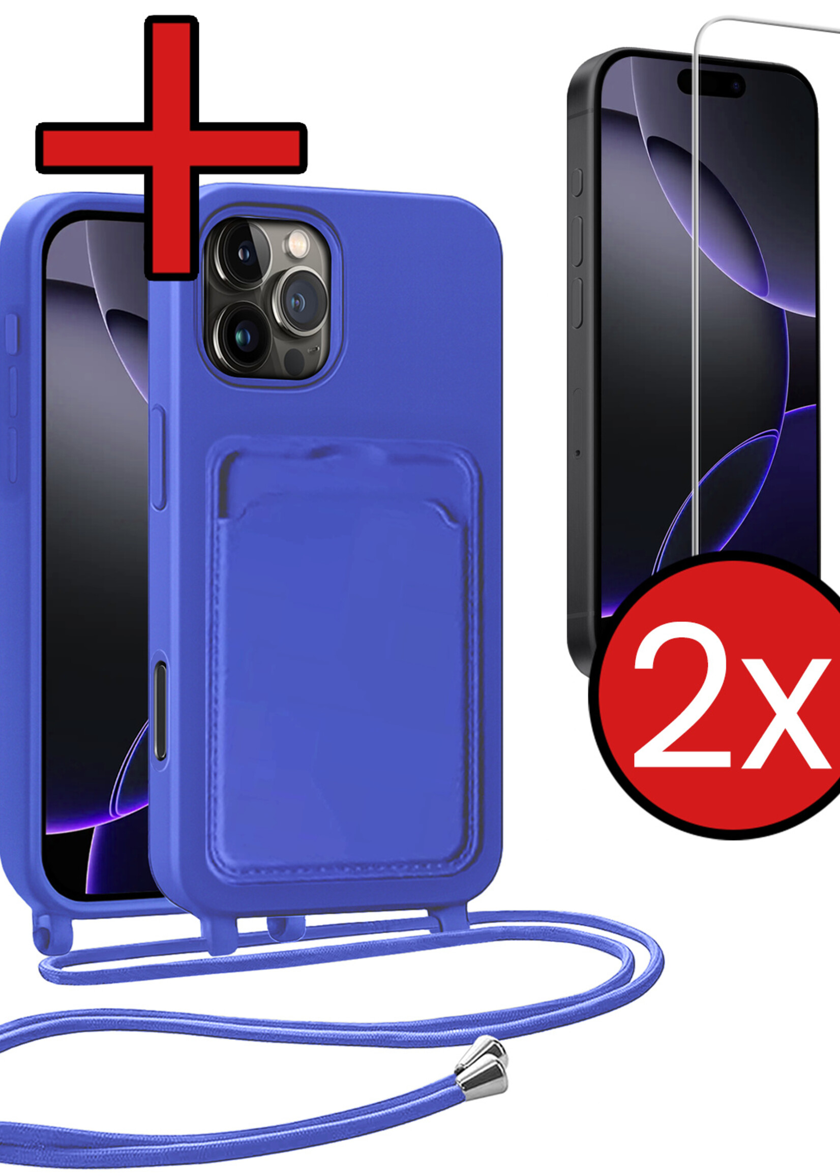 BTH BTH iPhone 16 Pro Max Hoesje Pashouder met Koord Met 2x Screenprotector - Fel Blauw