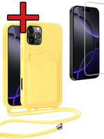 BTH BTH iPhone 16 Pro Max Hoesje Pashouder met Koord Met Screenprotector - Geel