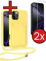 BTH BTH iPhone 16 Pro Max Hoesje Pashouder met Koord Met 2x Screenprotector - Geel