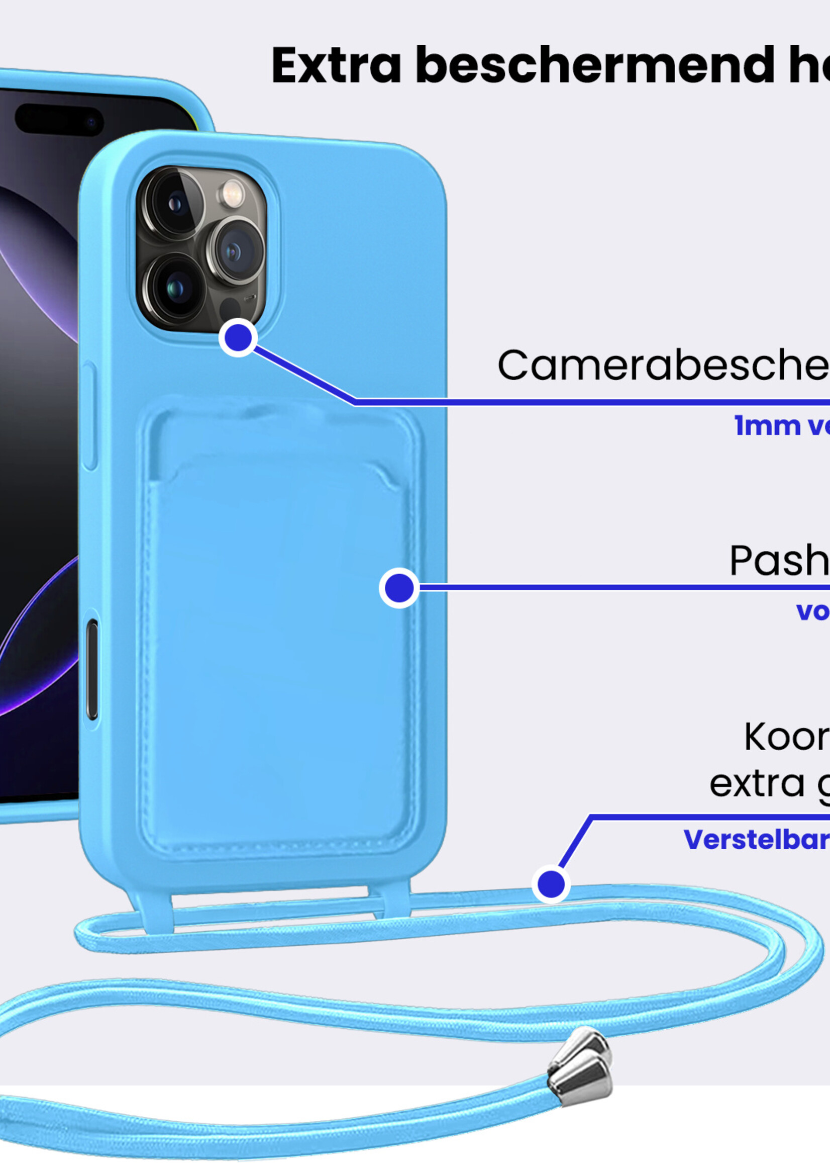 BTH BTH iPhone 16 Pro Max Hoesje Pashouder met Koord - Lichtblauw