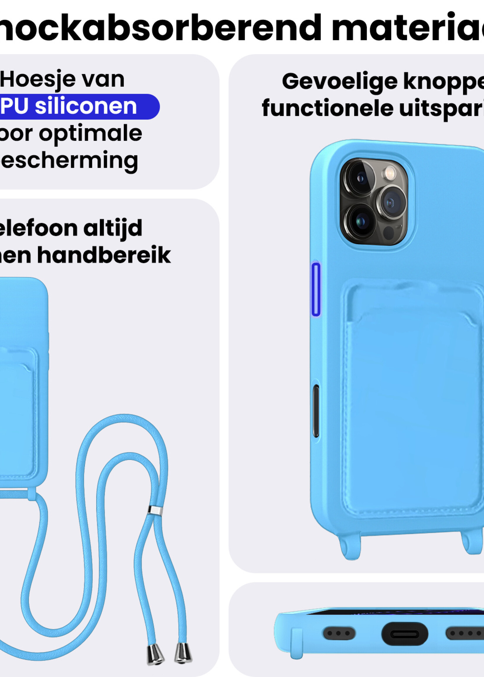 BTH BTH iPhone 16 Pro Max Hoesje Pashouder met Koord - Lichtblauw