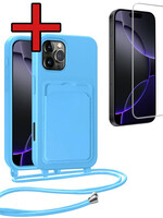 BTH BTH iPhone 16 Pro Max Hoesje Pashouder met Koord Met Screenprotector - Lichtblauw