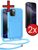 BTH BTH iPhone 16 Pro Max Hoesje Pashouder met Koord Met 2x Screenprotector - Lichtblauw