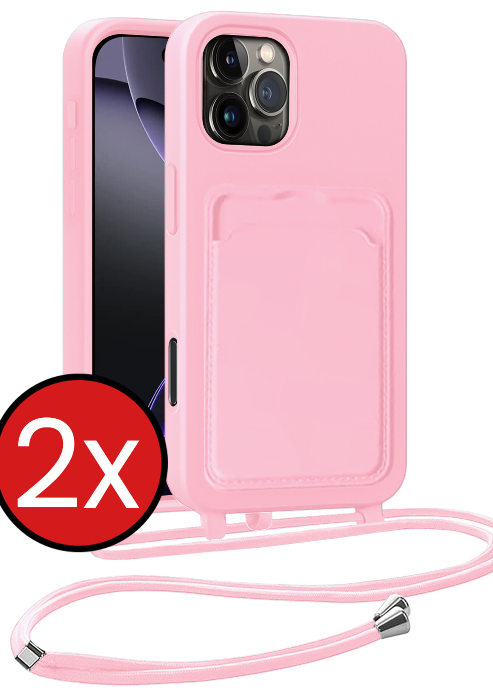 BTH BTH iPhone 16 Pro Max Hoesje Pashouder met Koord - Lichtroze - 2 PACK