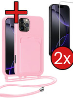 BTH BTH iPhone 16 Pro Max Hoesje Pashouder met Koord Met 2x Screenprotector - Lichtroze