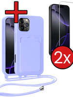 BTH BTH iPhone 16 Pro Max Hoesje Pashouder met Koord Met 2x Screenprotector - Lila
