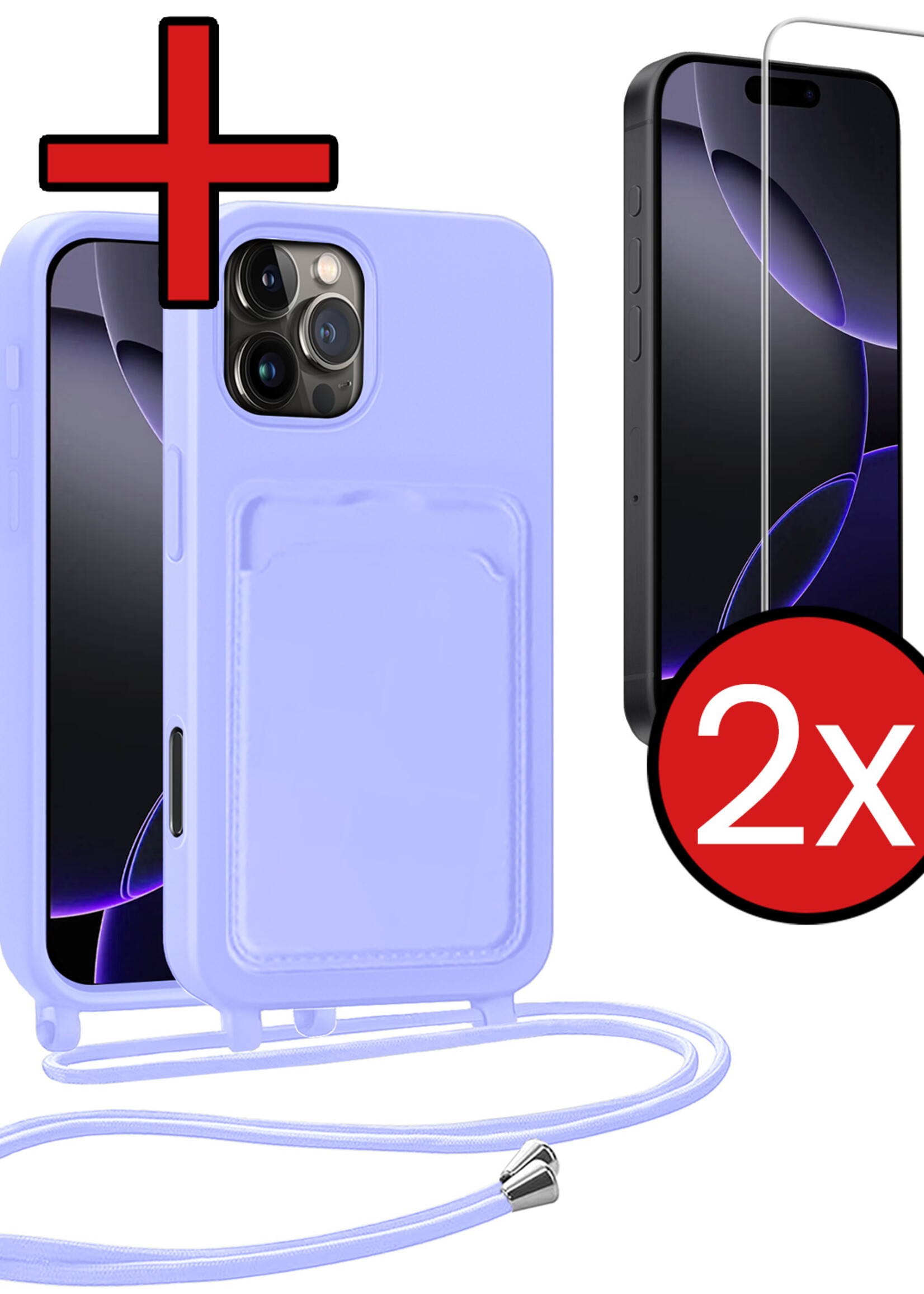 BTH BTH iPhone 16 Pro Max Hoesje Pashouder met Koord Met 2x Screenprotector - Lila