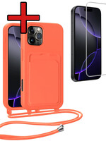 BTH BTH iPhone 16 Pro Max Hoesje Pashouder met Koord Met Screenprotector - Papaya