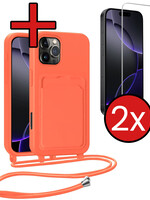 BTH BTH iPhone 16 Pro Max Hoesje Pashouder met Koord Met 2x Screenprotector - Papaya