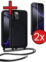 BTH BTH iPhone 16 Pro Max Hoesje Pashouder met Koord Met 2x Screenprotector - Zwart